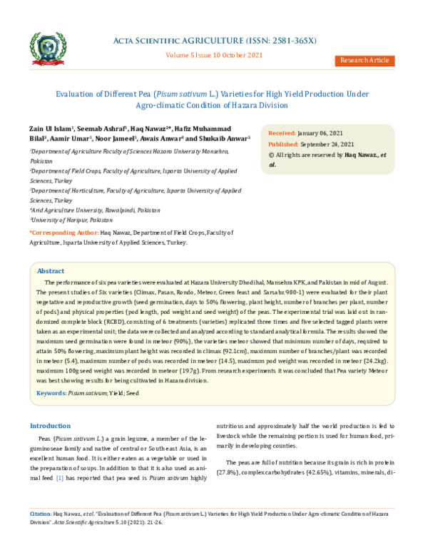 (PDF) Evaluation of Different Pea (Pisum sativum L.) Varieties for High ...