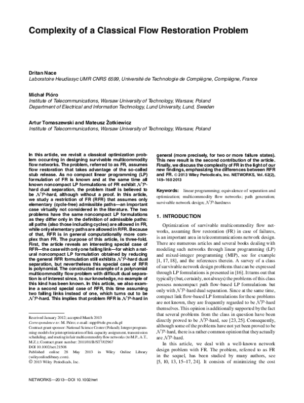 (PDF) Complexity of a classical flow restoration problem