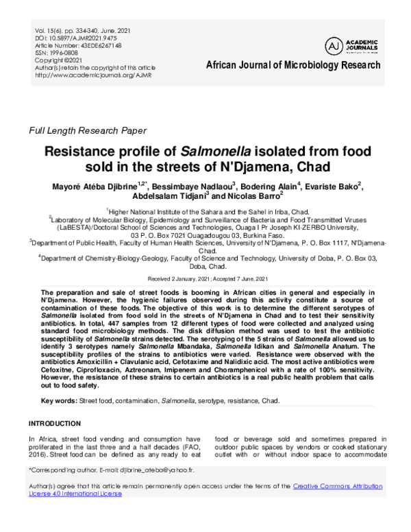 (PDF) Resistance profile of Salmonella isolated from food sold in the ...