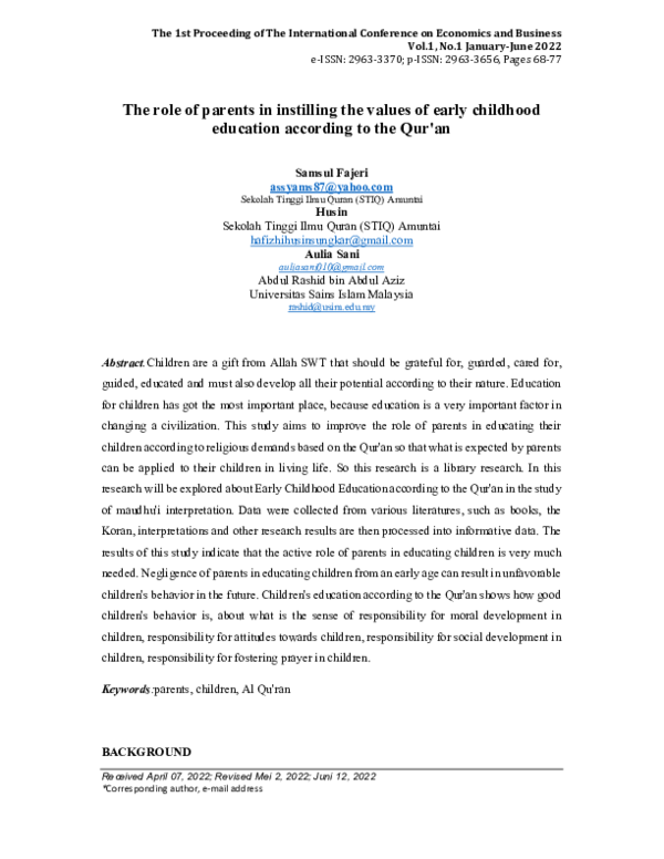 (PDF) The role of parents in instilling the values of early childhood ...