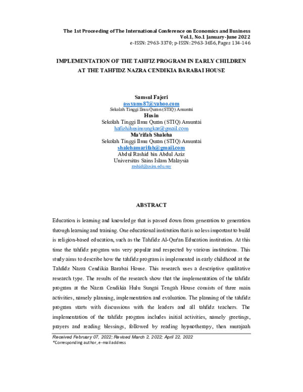 (PDF) Implementation of the Tahfiz Program in Early Children at the ...