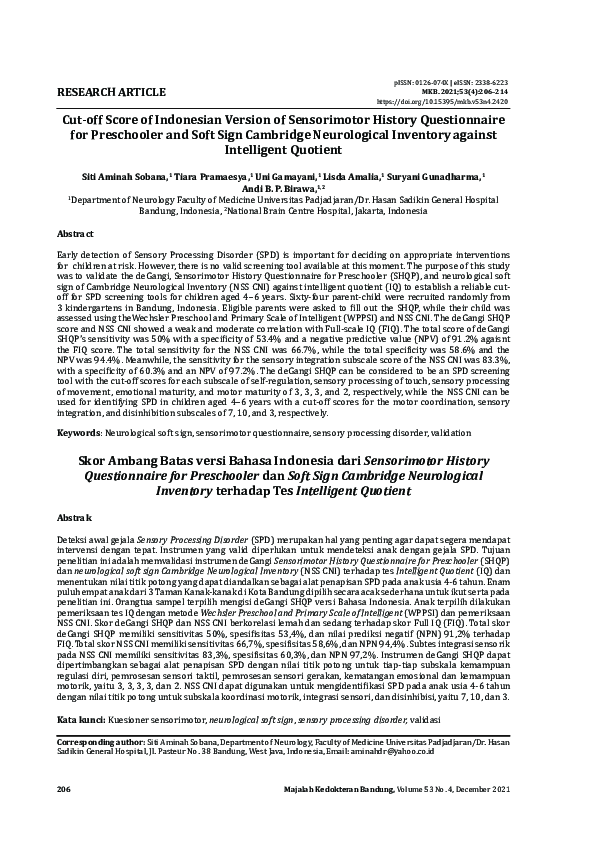 (PDF) Cutoff Score of Indonesian Version of Sensorimotor History