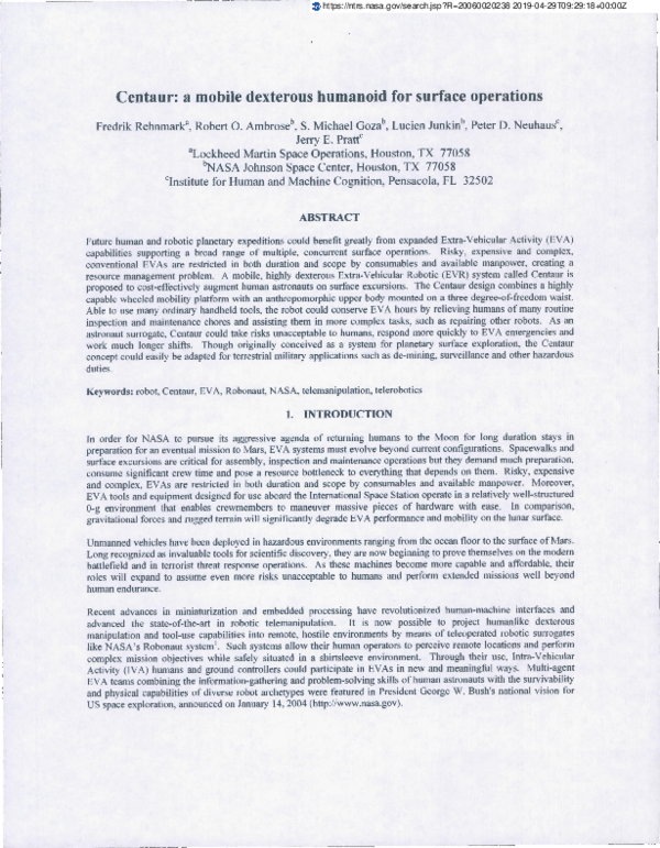 (PDF) Centaur: a mobile dexterous humanoid for surface operations