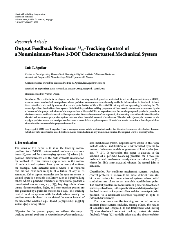 (PDF) Output Feedback Nonlinear -Tracking Control of a Nonminimum-Phase ...