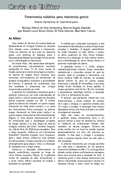 (PDF) Timectomia robótica para miastenia gravis