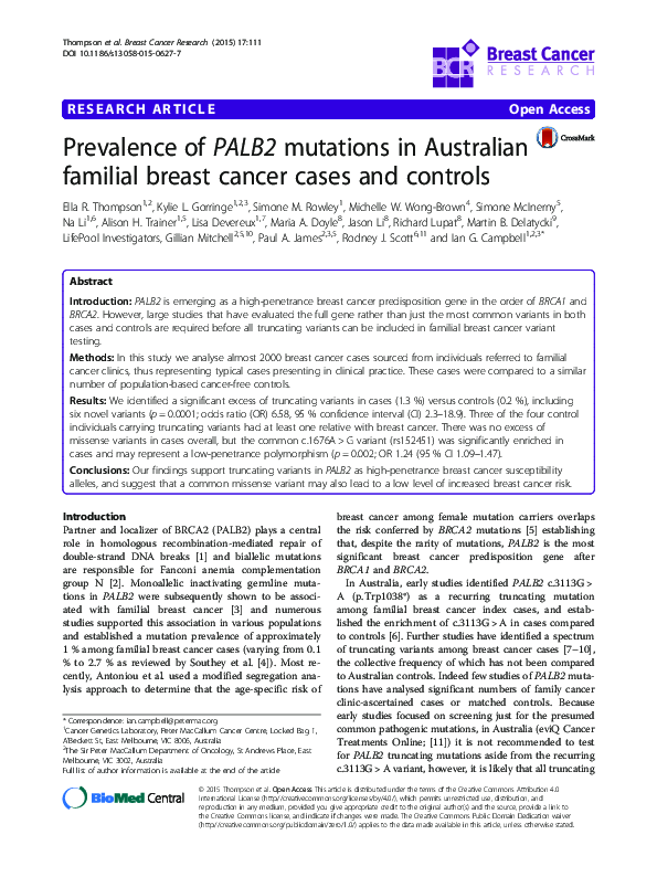 (PDF) Prevalence of PALB2 mutations in Australian familial breast ...