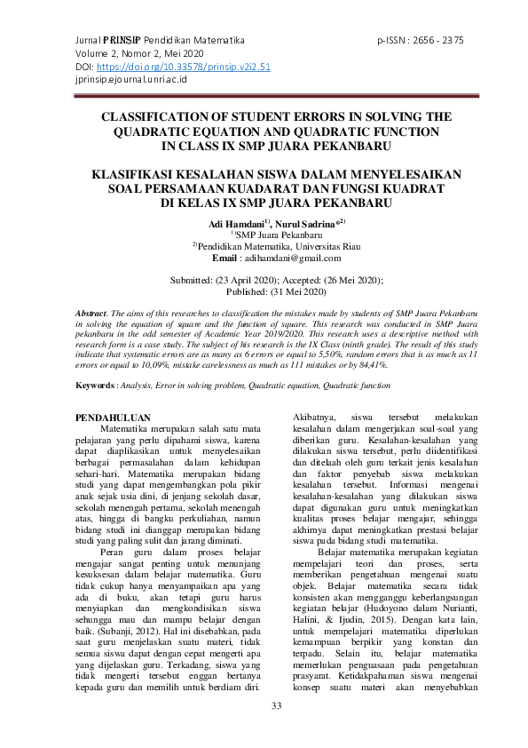 (PDF) Classification of Student Errors in Solving the Quadratic ...