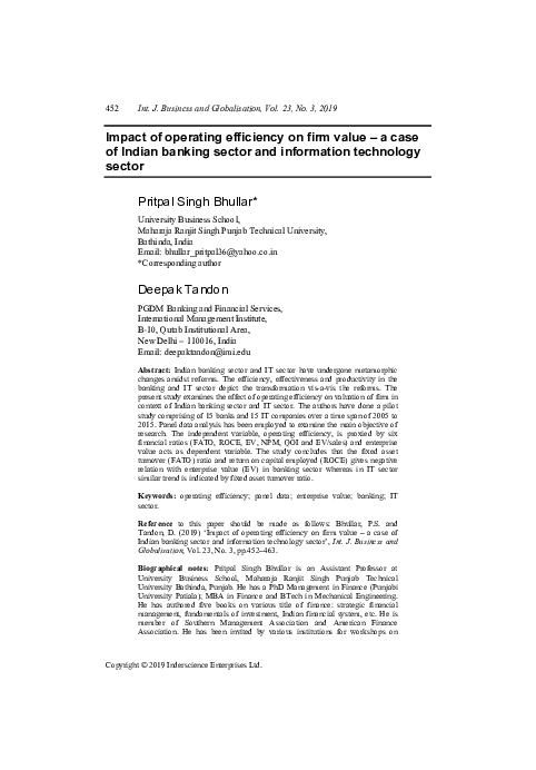 (PDF) Impact of operating efficiency on firm value A case of Indian ...