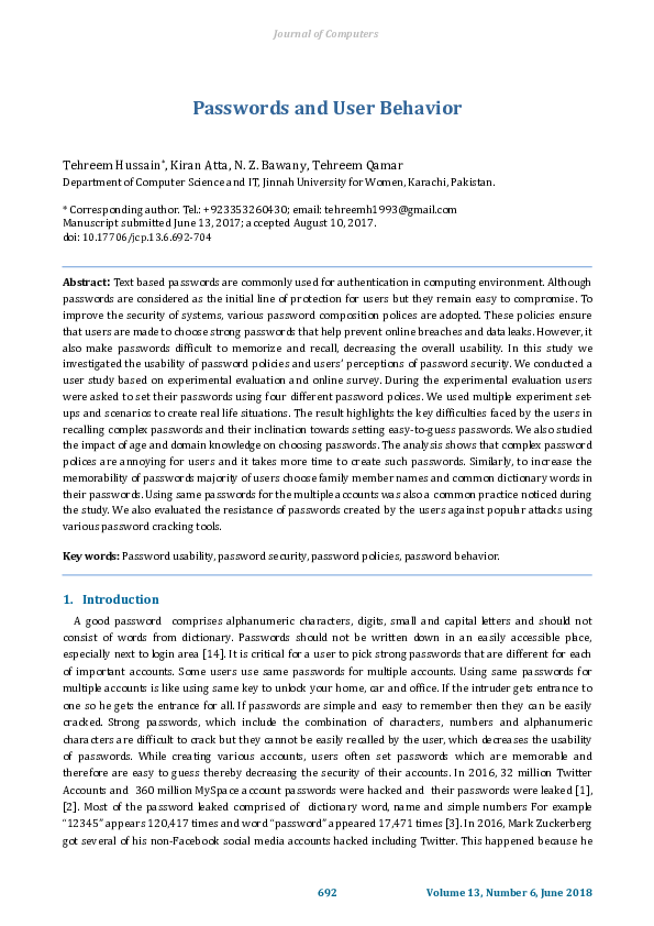 (PDF) Passwords and User Behavior
