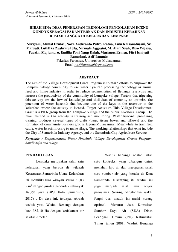 Hibah Bina Desa Penerapan Teknologi Pengolahan Eceng Gondok Sebagai Pakan Ternak Dan Industri Kerajinan Rumah Tangga DI Kelurahan Lempake