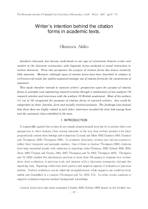 (PDF) Writer's intention behind the citation forms in academic texts