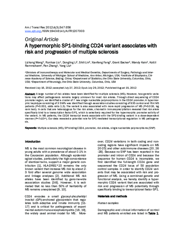 (PDF) A hypermorphic SP1-binding CD24 variant associates with risk and ...
