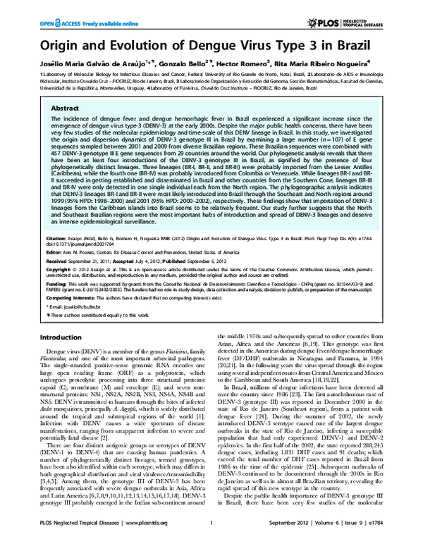(PDF) Origin and Evolution of Dengue Virus Type 3 in Brazil