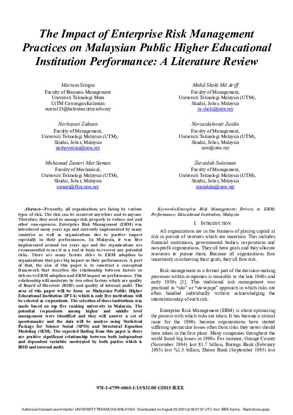 (PDF) The impact of Enterprise Risk Management practices on Malaysian ...