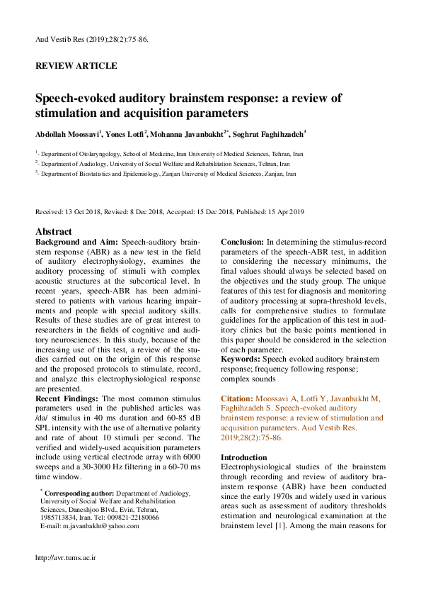 (PDF) Speech-evoked auditory brainstem response: a review of ...
