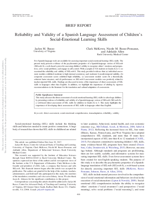 (PDF) Reliability and Validity of a Spanish Language Assessment of ...