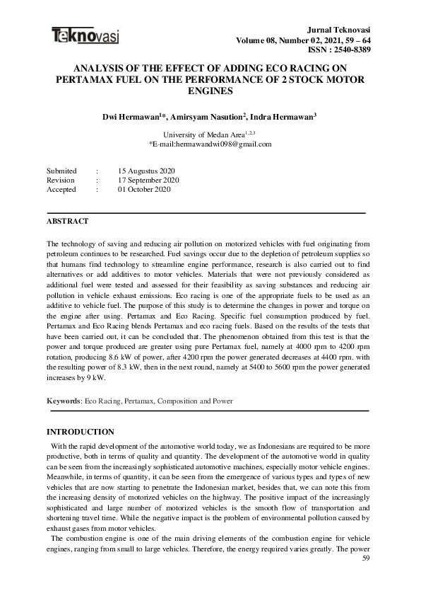 (PDF) Analysis of the Effect of Adding Eco Racing on Pertamax Fuel on ...
