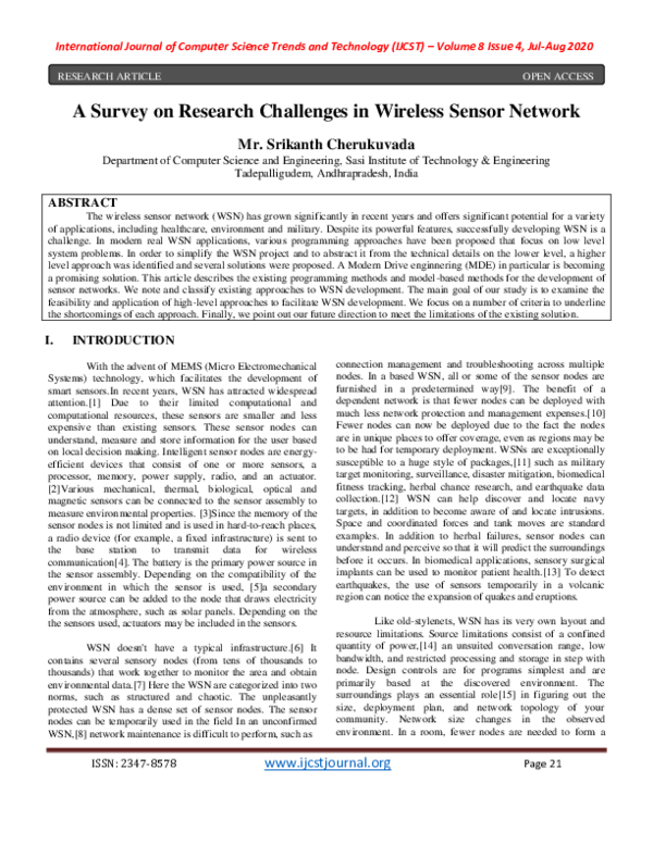 (PDF) A Survey on Research Challenges in Wireless Sensor Network