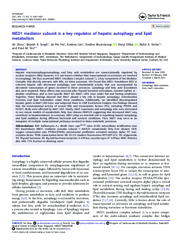 (PDF) MED1 mediator subunit is a key regulator of hepatic autophagy and ...