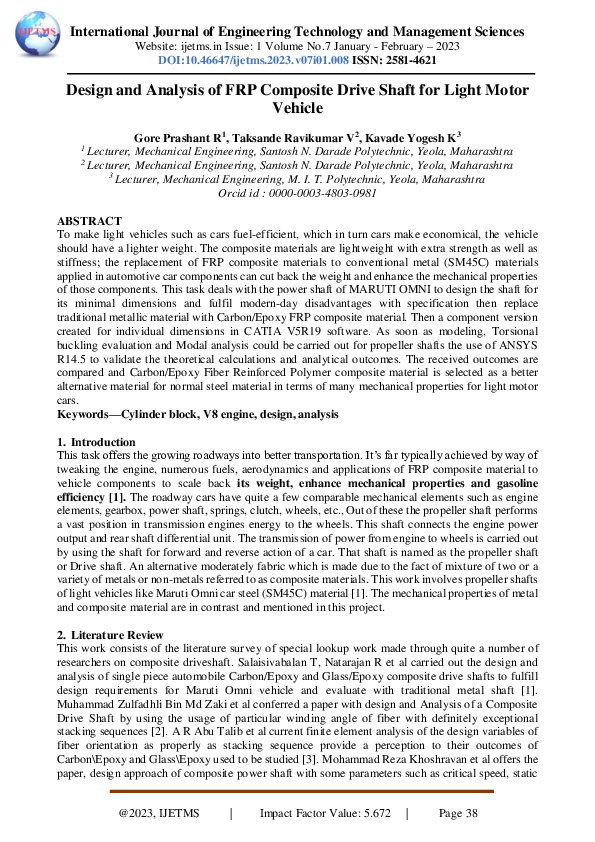 (PDF) Design and Analysis of FRP Composite Drive Shaft for Light Motor ...