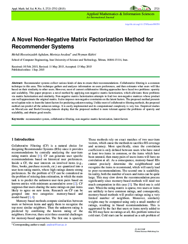 (PDF) A Novel Non-Negative Matrix Factorization Method for Recommender ...