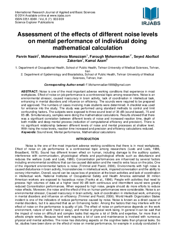 (PDF) Assessment of the effects of different noise levels on mental ...