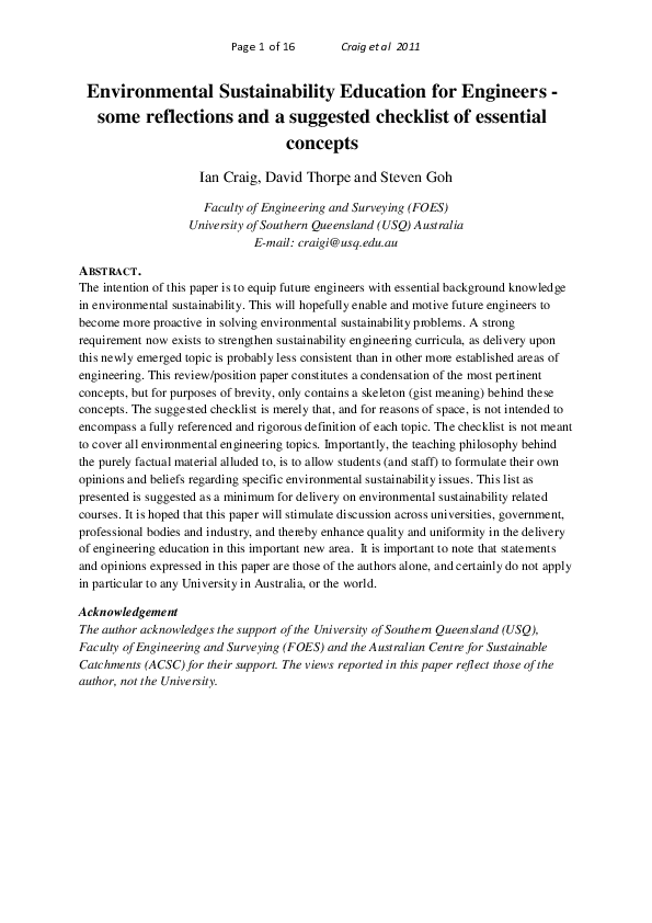 (PDF) Environmental Sustainability Education for Engineers - some ...