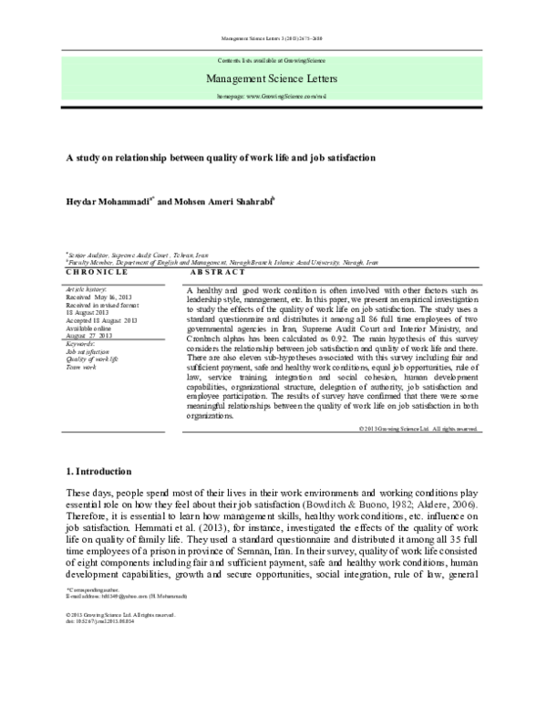 (PDF) A study on relationship between quality of work life and job ...