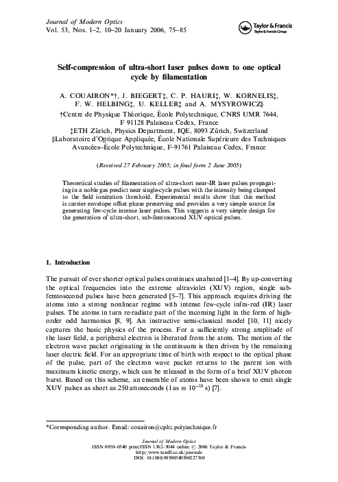 (PDF) Self-compression of ultra-short laser pulses down to one optical ...
