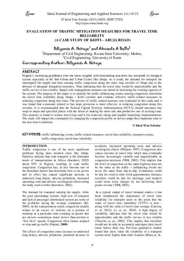 (PDF) Evaluation of Traffic Mitigation Measures for Travel Time ...