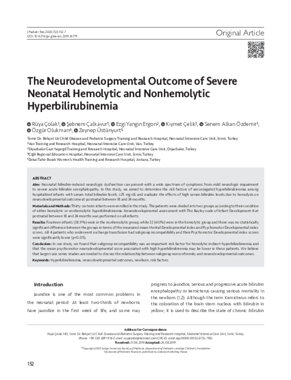 (PDF) The Neurodevelopmental Outcome of Severe Neonatal Hemolytic and ...