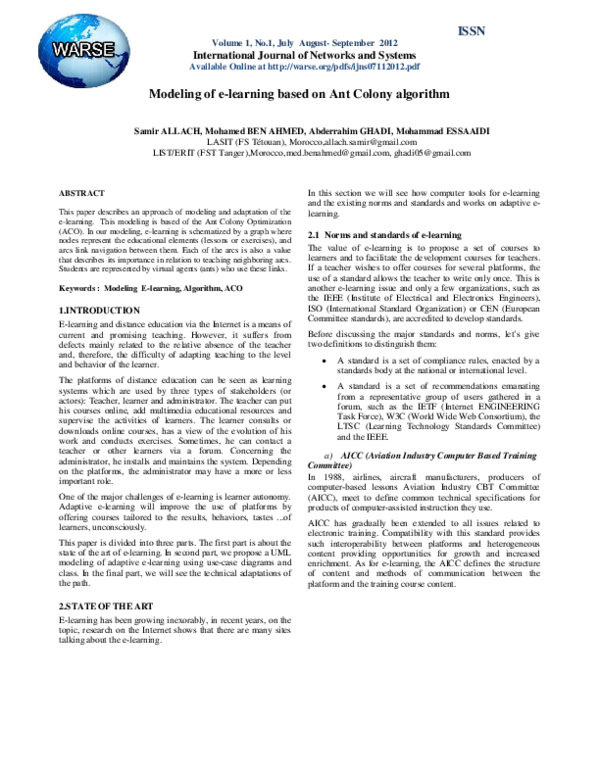 (PDF) Modeling of e-learning based on Ant Colony algorithm ISSN ...