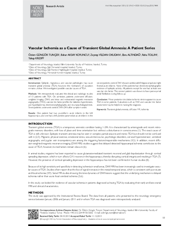 (PDF) Vascular Ischemia as a Cause of Transient Global Amnesia: A ...