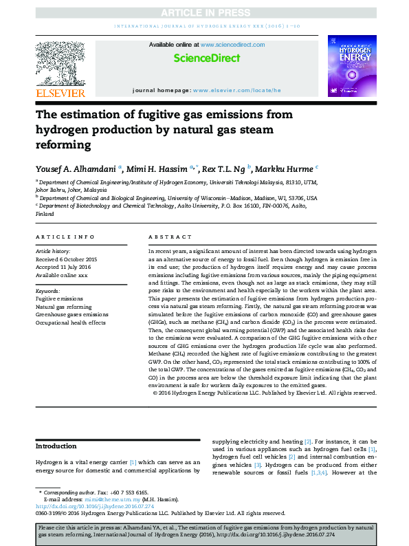 (PDF) The estimation of fugitive gas emissions from hydrogen production