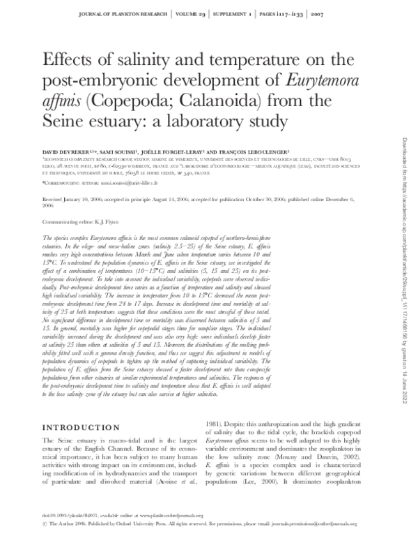 (PDF) Effects of salinity and temperature on the post-embryonic ...