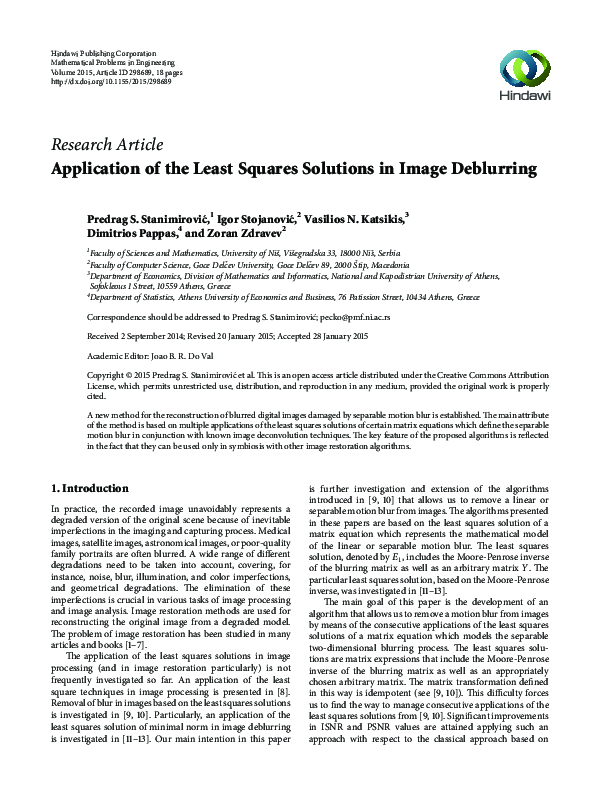 (PDF) Application of the Least Squares Solutions in Image Deblurring