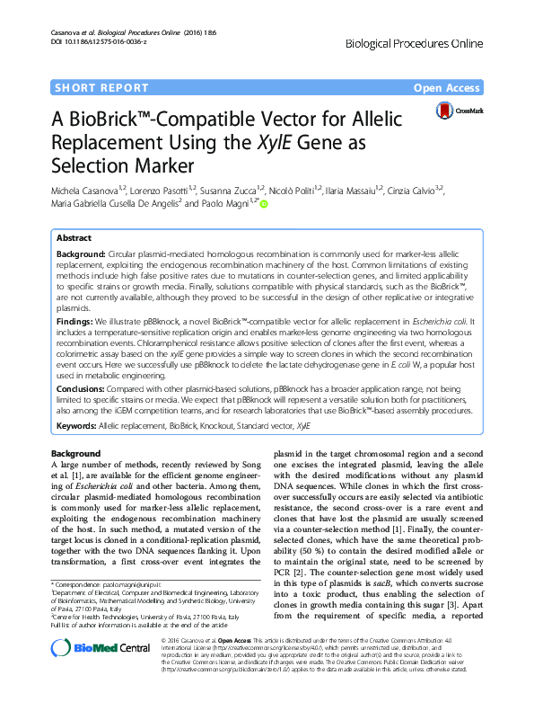 (PDF) A BioBrick™-Compatible Vector for Allelic Replacement Using the ...