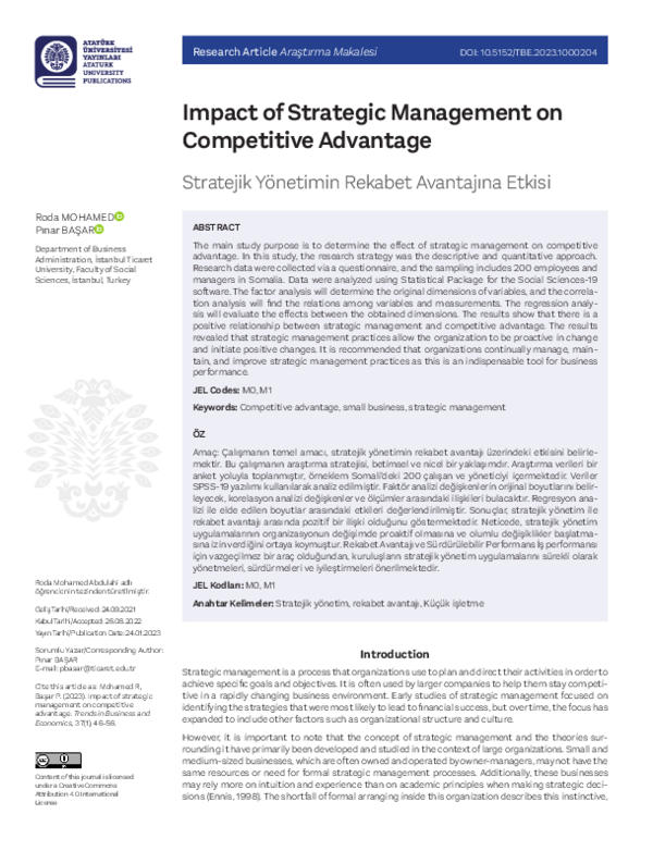(PDF) Impact of Strategic Management on Competitive Advantage