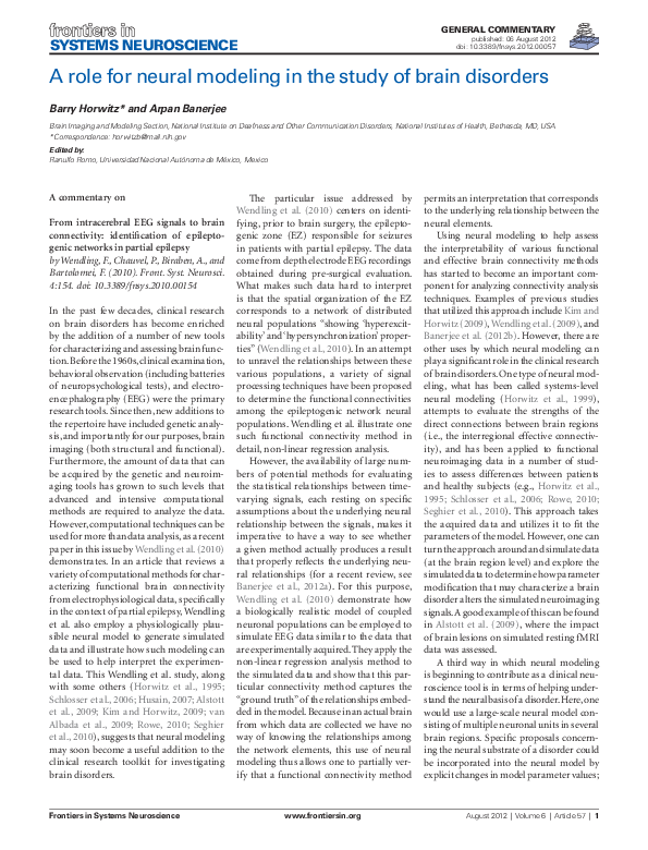 (PDF) A Role for Neural Modeling in the Study of Brain Disorders