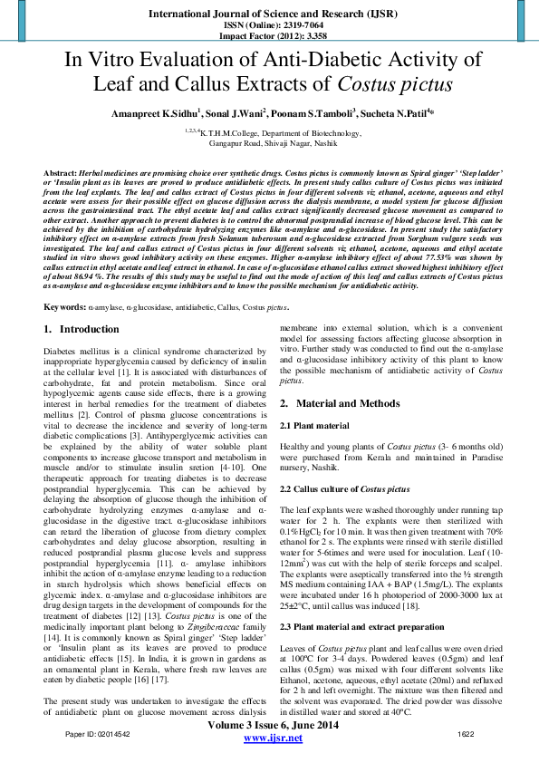 (PDF) In Vitro Evaluation of Anti-Diabetic Activity of Leaf and Callus ...
