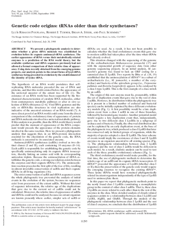 (PDF) Genetic code origins: tRNAs older than their synthetases?