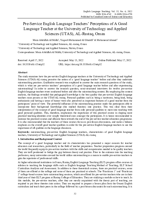 (PDF) Pre-Service English Language Teachers’ Perceptions of A Good ...