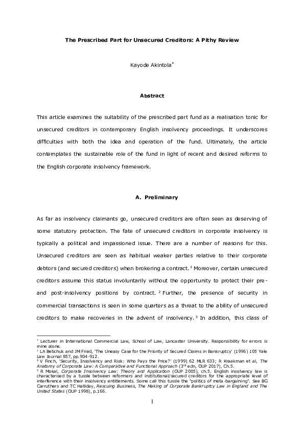 (PDF) The prescribed part for unsecured creditors:a pithy review