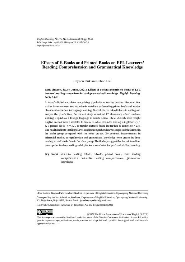 (PDF) Effects of E-Books and Printed Books on EFL Learners' Reading ...