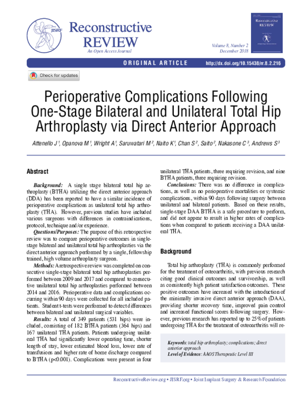 (PDF) Perioperative Complications Following One-Stage Bilateral and ...
