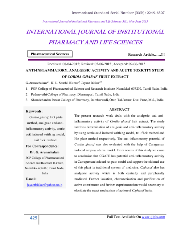 (PDF) Anti-Inflammatory, Analgesic Activity and Acute Toxicity Study of ...