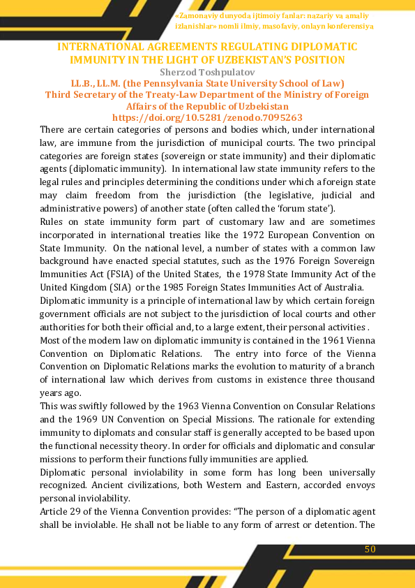 (PDF) International Agreements Regulating Diplomatic Immunity in the ...