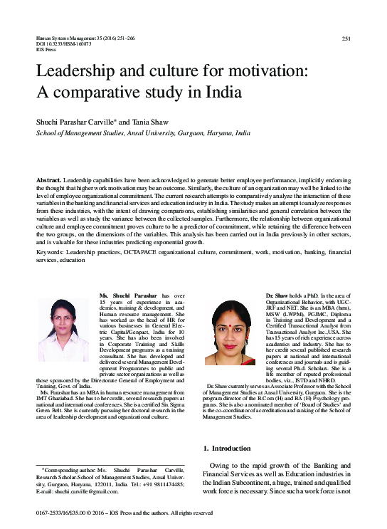 (PDF) Leadership and culture for motivation: A comparative study in India