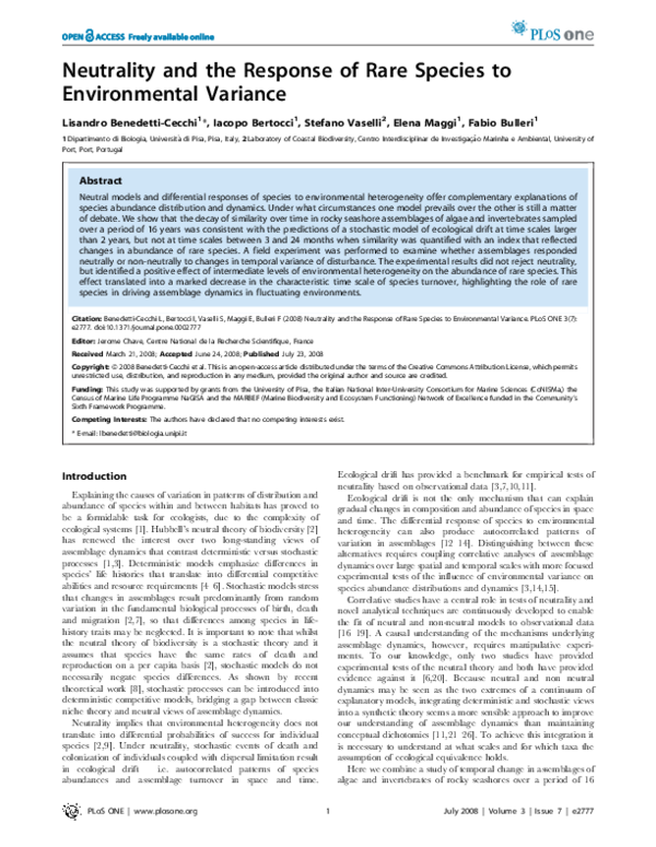 (PDF) Neutrality and the Response of Rare Species to Environmental Variance