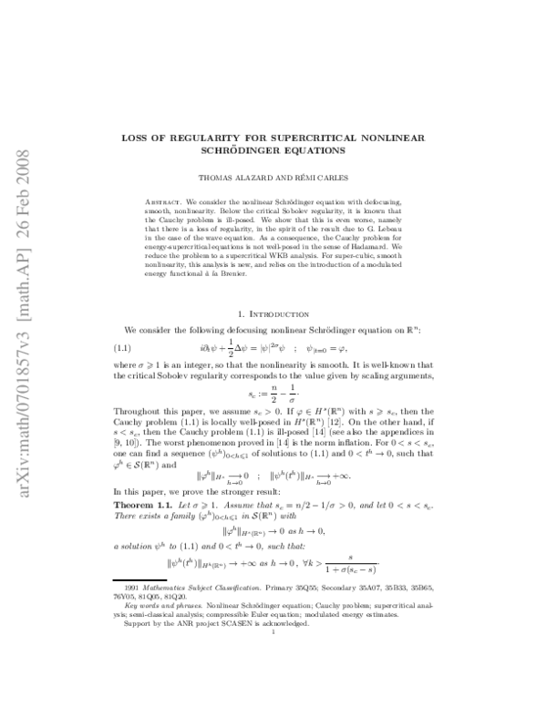 (PDF) Loss of regularity for supercritical nonlinear Schrödinger equations